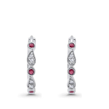 Huggie Hoop Earrings Round Simulated Ruby CZ 925 Sterling Silver